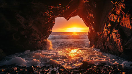 Sunset in a cave at the coast of Iceland, Europe.の素材