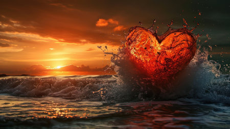 Heart in the sea at sunset. Valentine's day concept. 3D Renderingの素材