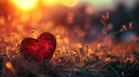 Valentine's day background with red heart on the grass.の素材