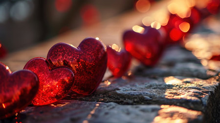 Red hearts on a stone background in the rays of the setting sunの素材