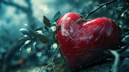 Red heart on the tree in the forest. Valentine's Day concept.の素材