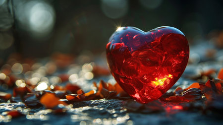 Red heart on the ground with autumn leaves. Valentines day backgroundの素材