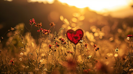 Red heart on a meadow in the rays of the setting sunの素材