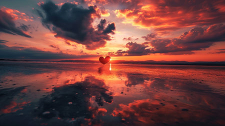 Valentine's day background with heart on the lake at sunsetの素材