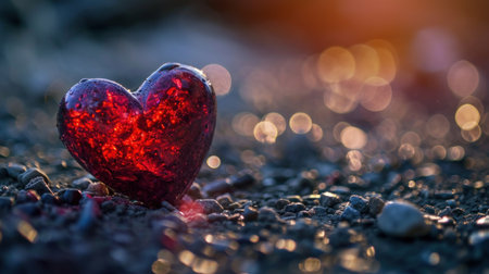 Red heart on the ground with bokeh background. Valentines day conceptの素材