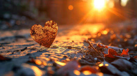 Heart on the ground in the rays of the setting sun. Love conceptの素材