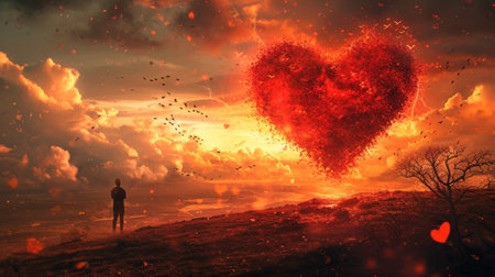 Conceptual image of a man standing on the edge of a cliff with a red heart in the backgroundの素材