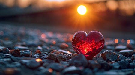 Valentine's Day concept. Red heart on the background of sunsetの素材