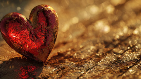 Valentines day background. Red heart on a wooden surface.の素材