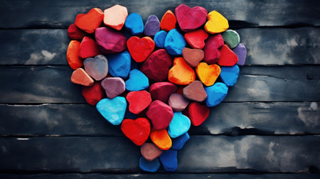 Colorful hearts on a wooden background. Valentines day background.の素材