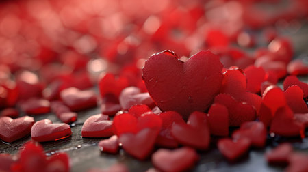 Red hearts on a wooden table. Valentines day background. Love concept.の素材