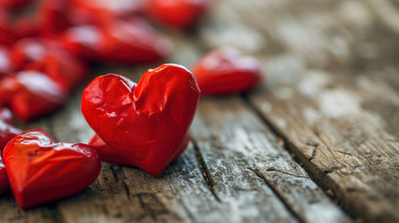 Red heart shaped candies on wooden background. Valentines day concept.の素材