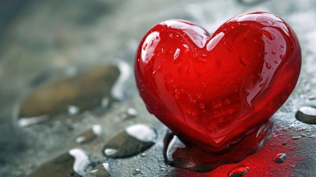 Red heart on a wet stone background. Valentine's day concept.の素材