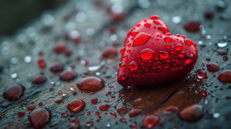 Red heart with water drops on wooden background. Valentine's day conceptの素材
