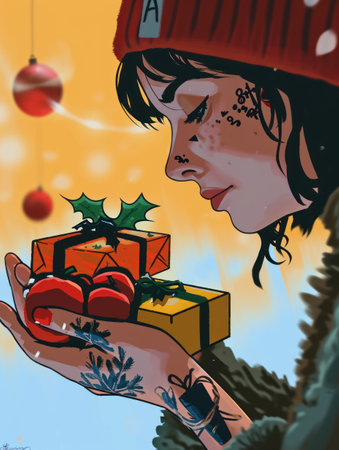 Hipster girl with christmas gifts in her hand. Vector illustration.の素材