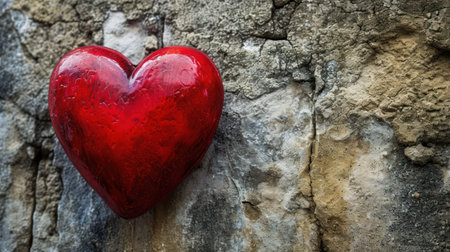 Red heart on a stone wall. Valentines day background. Love concept.の素材
