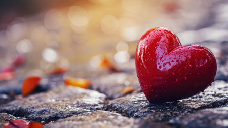 Red heart on stone with bokeh background, valentines day conceptの素材