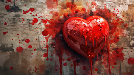 Red heart with blood splashes on a grunge background. 3d renderingの素材