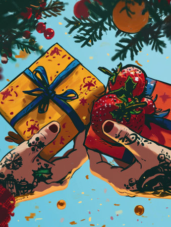 Hands holding a gift box and a strawberry on a blue backgroundの素材