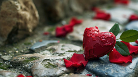 Red heart and rose petals on stone background. Valentines dayの素材
