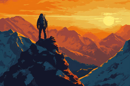 Hiker on the top of the mountain at sunset. Vector illustrationの素材