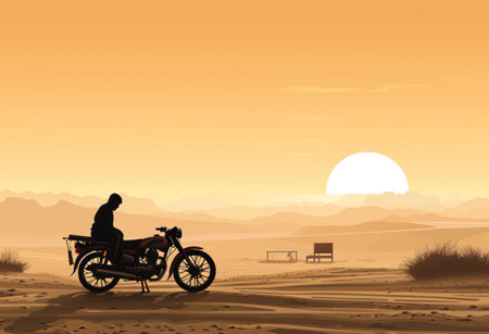 Man riding a motorcycle in the desert at sunset. Vector illustration.の素材