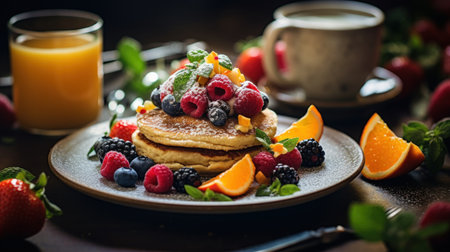 Pancakes with fresh berries and orange juice on a wooden tableの素材