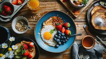Healthy breakfast with omelet, fruits and berries on wooden tableの素材