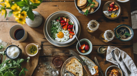 Breakfast in the rustic style, top view, flat layの素材