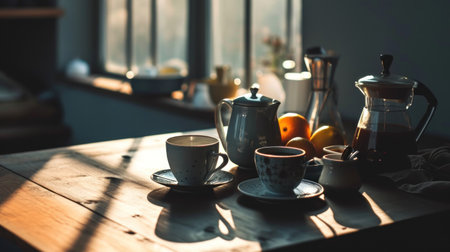 Cup of coffee and teapot on wooden table in cafeの素材