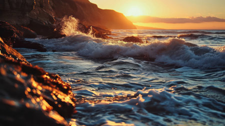 Waves splashing on the rocks at sunset. Beautiful natural backgroundの素材
