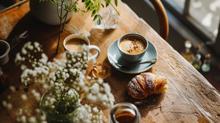 Coffee and croissant on wooden table in coffee shopの素材