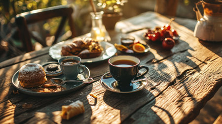 Coffee and pastries on a wooden table in the sunlightの素材