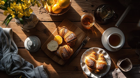 Breakfast with croissants, tea and lemon on wooden tableの素材