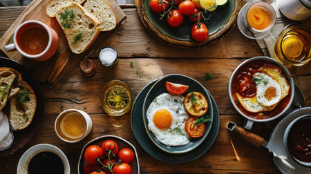 Top view of delicious breakfast with fried eggs, tomatoes, toast and coffee on wooden tableの素材