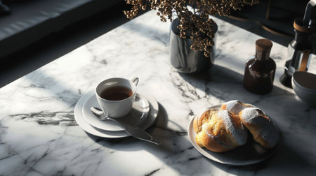 Cup of tea and croissantle table in roomの素材