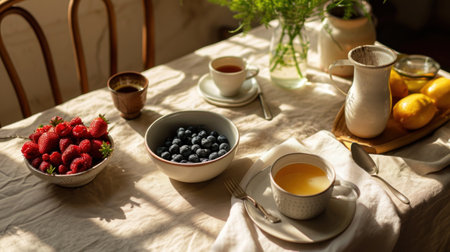 Cup of tea and fresh berries on the table in sunlight.の素材