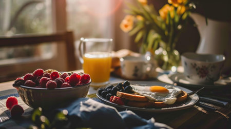 Breakfast with omelet, berries and coffee on the wooden tableの素材