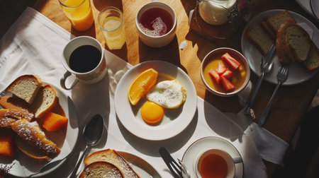 Breakfast with coffee and orange juice on the table, top viewの素材
