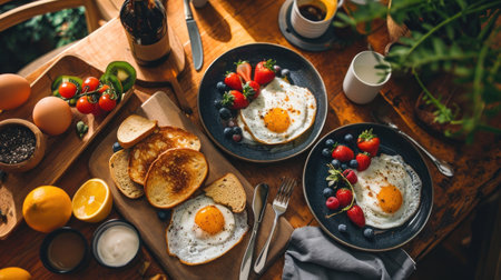 Breakfast with fried eggs, berries and toasts on wooden tableの素材