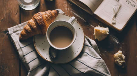 Coffee cup with croissant and book on wooden tableの素材