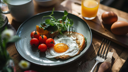 Breakfast with fried eggs, cherry tomatoes, arugula and toastの素材