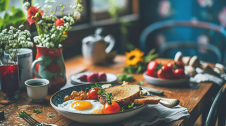 Breakfast with fried eggs, bread and tomatoes on rustic wooden tableの素材
