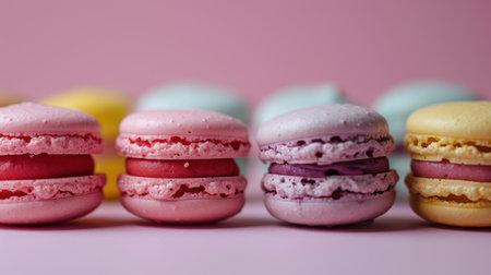 Colorful macarons on a pink background. Close-upの素材