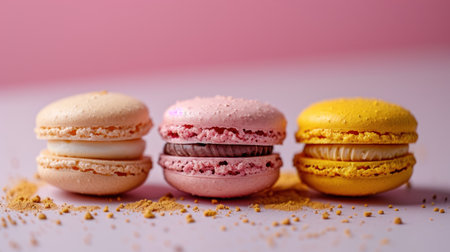 Colorful macaroons on a pink background. Close up.の素材