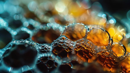 Close-up of a honeycomb with bubbles. Abstract background.の素材