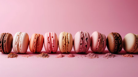 Colorful macaroons on a pink background. Copy space.の素材