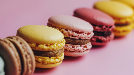 Colorful macaroons on pink background. Close-up.の素材