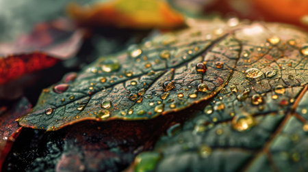 Rain drops on autumn leaves. Macro shot with shallow depth of field.の素材