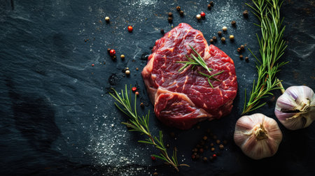 Raw beef steak with rosemary, garlic and pepper on dark backgroundの素材